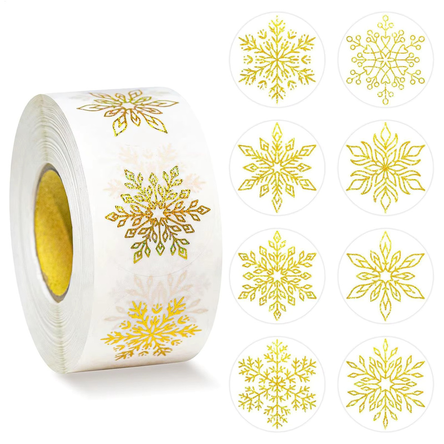 Selbstklebende Schneeflocken-Aufkleberrolle in Gold und Transparent mit 500 runden Weihnachtsetiketten zum Basteln und Dekorieren - Bild 1