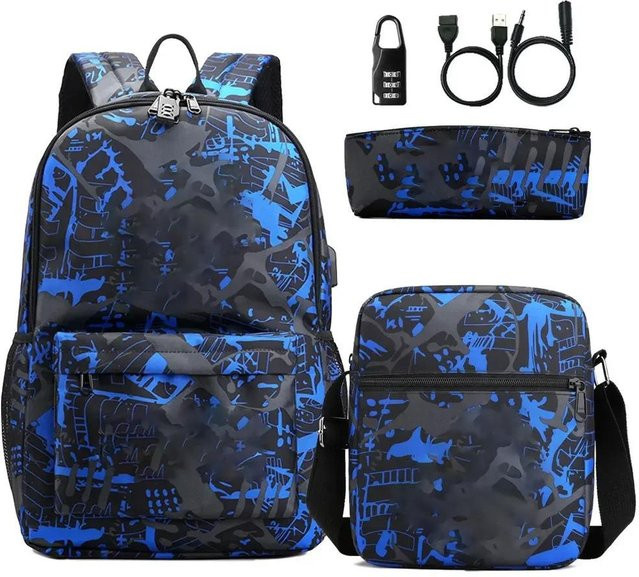 3-teiliges Schulrucksack-Set in Blau aus Oxford-Stoff mit großem Fassungsvermögen inklusive Federmäppchen und Schultergurt - Bild 1
