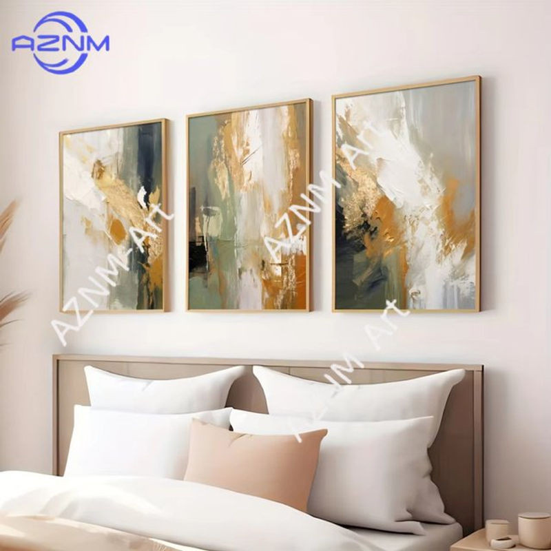 Potdemiel Abstrakte Leinwanddrucke in Grün und Gold, Minimalistische Kunstposter für deine Wanddekoration im Hochformat - Bild 1