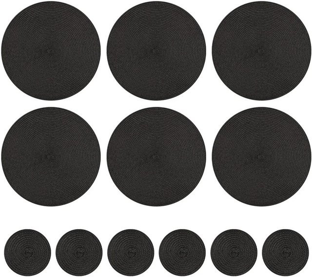 Yiran Furniture Set aus 6 runden Tischsets und 6 Untersetzern, geflochtenes Baumwollgewebe, schwarz, waschbar und hitzebeständig - Bild 1