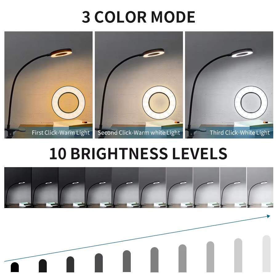AVACOM Clip-on-Schreibtischlampe mit 48 LEDs in Schwarz, flexible 360 Grad Schwanenhals-Leselampe mit USB-Anschluss für Home Office und Nachtlicht - Bild 4