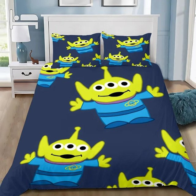 Bettwäsche Set mit Cartoon Alien Buzz Design in Blau, bestehend aus Bettbezug und Kissenbezug, B/H: 140 x 210 cm - Bild 1