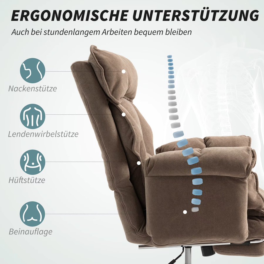 HOMCOM Bürostuhl mit Lendenwirbelstütze und Armlehnen in Braun, gepolsterter Drehstuhl mit Kopfstütze für Home-Office und Computerarbeit - Bild 4