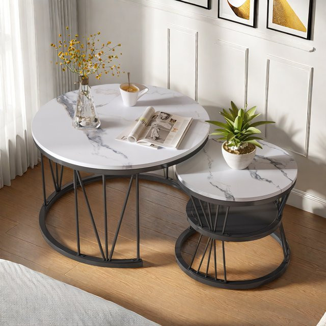 Comanlai 2er-Set moderne runde Couchtische in Weiß mit Marmor-Optik und Metallrahmen - Bild 1