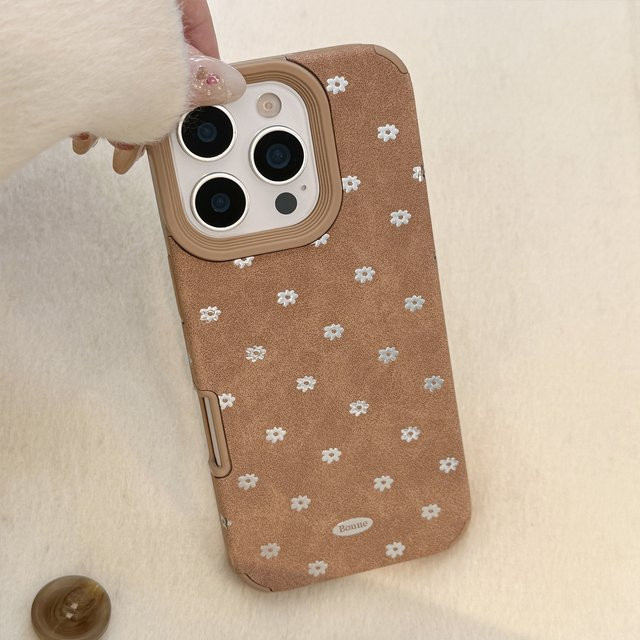 Stoßfeste Handyhülle aus braunem Wildleder mit vergoldeten silbernen Blumen für iPhone 17 16 15 14 13 12 Pro Max Plus Air - Bild 1