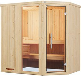 WEKA Ecksauna Varberg 1 für 6 Personen in Braun inklusive 4,5 kW Ofen mit externer Steuerung und BioS Glasfenster und Glastür - Bild 1