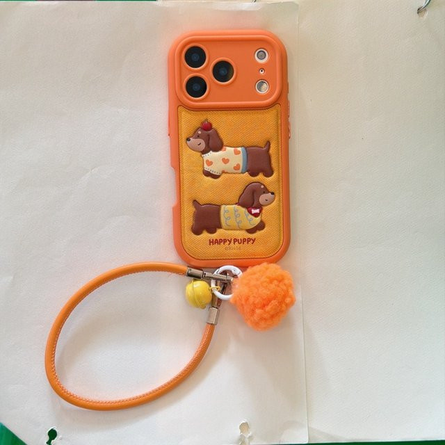 Stoßfeste Leder-Handyhülle mit Hundemuster und Umhängeband für Apple iPhone 17, 16, 15, 14, 13 Pro und Pro Max in Orange - Bild 1