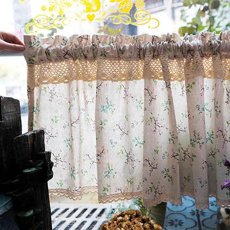 DZQ Kurzvorhang im Koreanischen Pastoral-Stil aus Leinen mit floralem Spitzenmuster für Küche und Fenster, Breite: 80 cm, Höhe: 30 cm - Bild 3