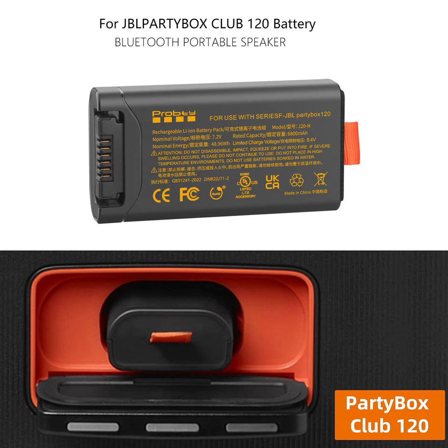 Probty Ersatzakku mit 6800mAh und USB-C Anschluss für JBL PartyBox Club 120 in Schwarz - Bild 3