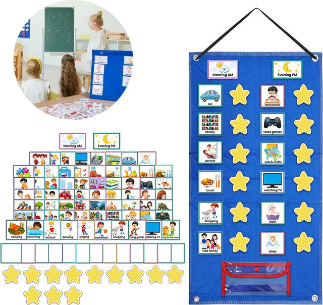 Faltbares visuelles Zeitplan-Diagramm für Kinder mit 72 Karten und 12 Stern-Karten als Wandbehang inklusive trocken abwischbarem Stift - Bild 1
