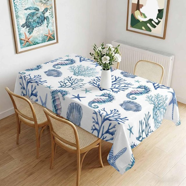 Rechteckige Tischdecke von JINGYUE Pet mit Sommer Ozeanleben Motiv aus Seepferdchen, Korallen und Muscheln, weiß, B/T: 140 x 140 cm - Bild 1