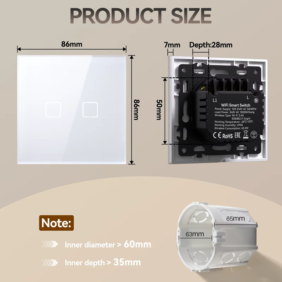 BSEED E-Serie WLAN Touch-Wandschalter mit gelber Hintergrundbeleuchtung, 10A, Weiß, kompatibel mit Tuya Smart Life und Alexa App-Steuerung - Bild 3