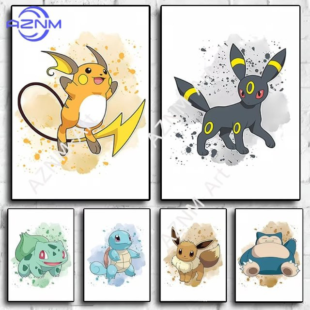 KAYOU Aquarell-Pokémon Wandkunst Dekoration mit Raichu, Umbreon, Bulbasaur, Squirtle, Eevee und Snorlax in Mehrfarbig - Bild 1