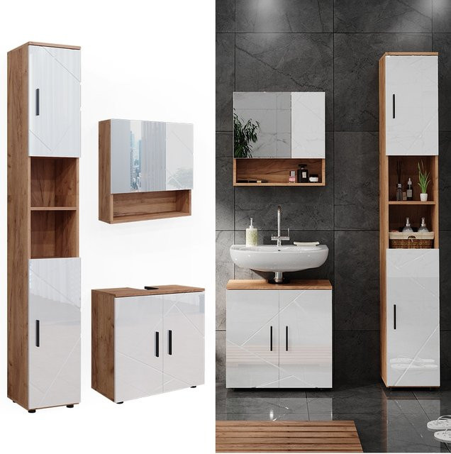 Vicco Badmöbelset Irma in Eiche und Weiß Hochglanz, modernes 3-teiliges Badezimmer-Set mit Hochschrank, Spiegelschrank und Waschtischunterschrank - Bild 1