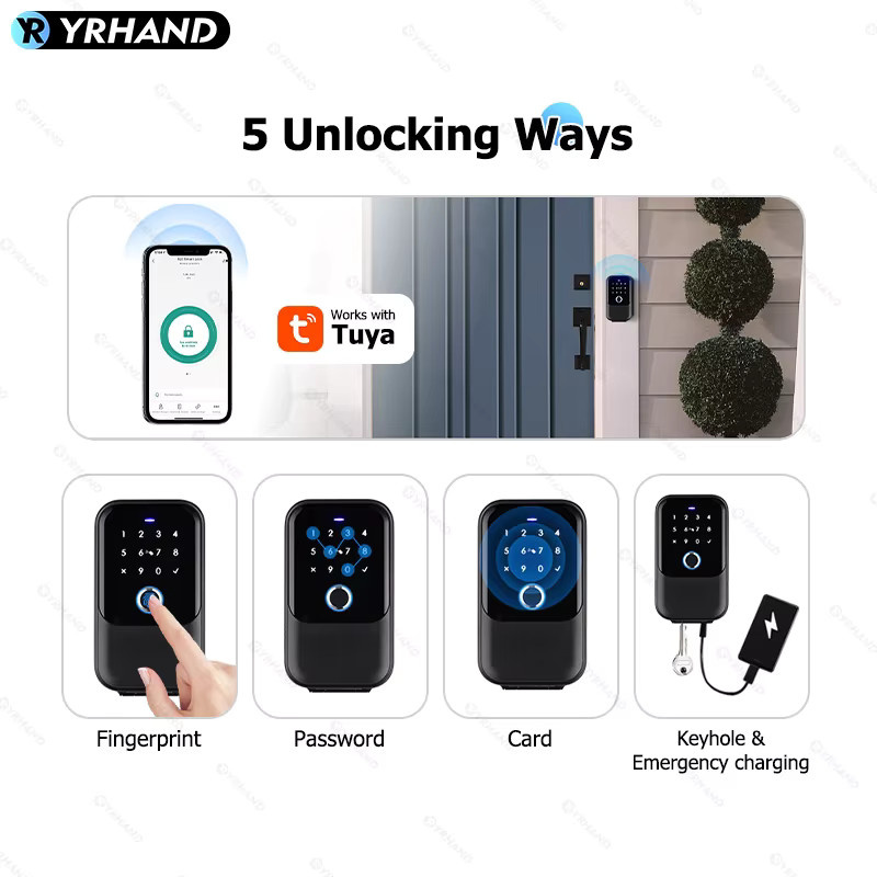 YRHAND TTlock Smart Schloss in Schwarz mit Fingerabdruck, digitaler Karte und Tuya-Unterstützung, IP66 wasserdichtes elektronisches Schloss für dein Smart Home - Bild 2