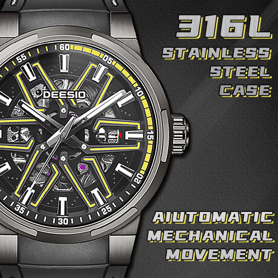 Deesio Herren-Armbanduhr, Automatik, Edelstahl, Kautschuk, Schwarz - Bild 2