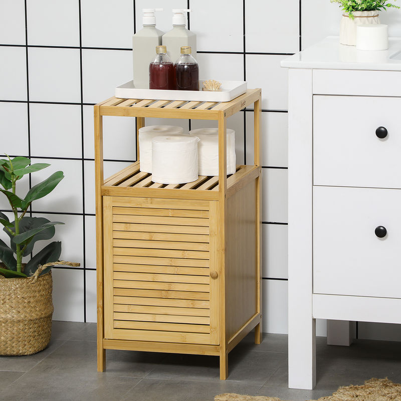 kleankin Badezimmerschrank aus Bambus mit offenem Fach und Türen, Beistellschrank in Braun, B: 33 cm, T: 35,5 cm, H: 67 cm - Bild 2