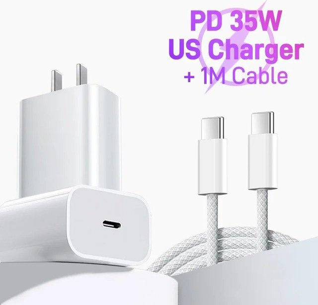 Apple 35W USB-C Ladegerät mit 1m Typ-C Schnellladekabel in Weiß für iPhone 15 Pro Max und iPhone 15 Plus - Bild 1