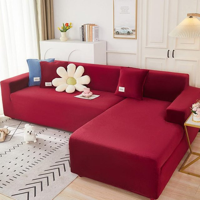 FebEr Samt-Sofabezug für L-förmige Eckcouch, elastischer Stretch-Schonbezug mit Kissenbezug, Rot, 4-Sitzer - Bild 1