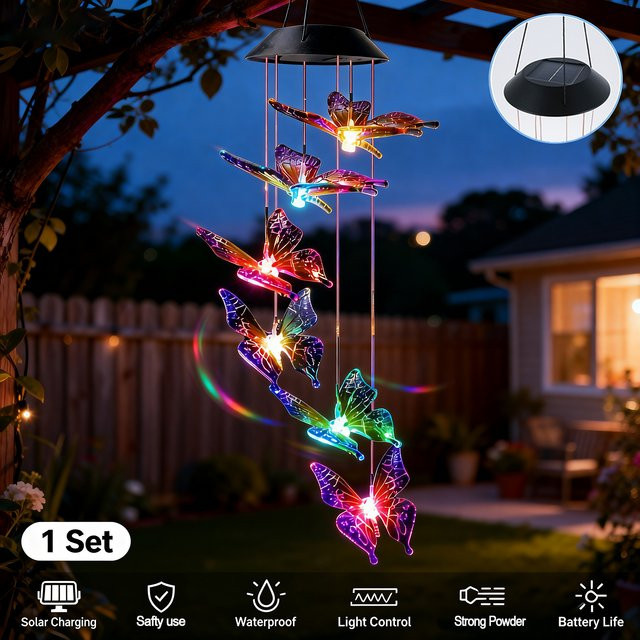 Mehrfarbiges Schmetterlings-Solar-Windspiel mit Glocke und wasserdichter LED-Beleuchtung für Garten und Hof - Bild 1