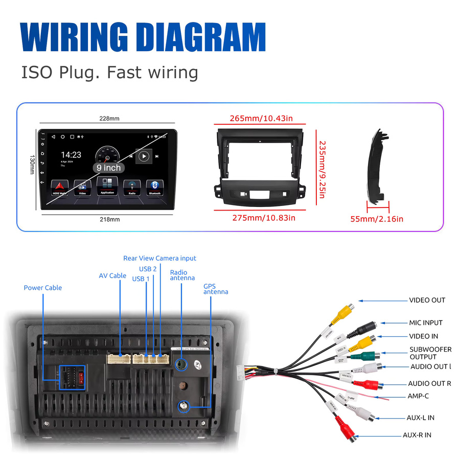 ESSGOO Android 14 Autoradio mit 9 Zoll HD-Touchscreen für Mitsubishi Outlander 2006–2012, Wireless CarPlay, Android Auto, GPS-Navigation, Bluetooth, WiFi und USB, Schwarz - Bild 5