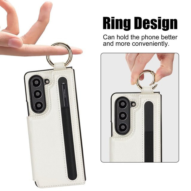 Samsung Flip-Handyhülle aus PU-Leder für Galaxy Z Fold 7, 6, 5, 4, 3 5G mit Kartensteckplatz und Ring-Stifthalter in Schwarz - Bild 1