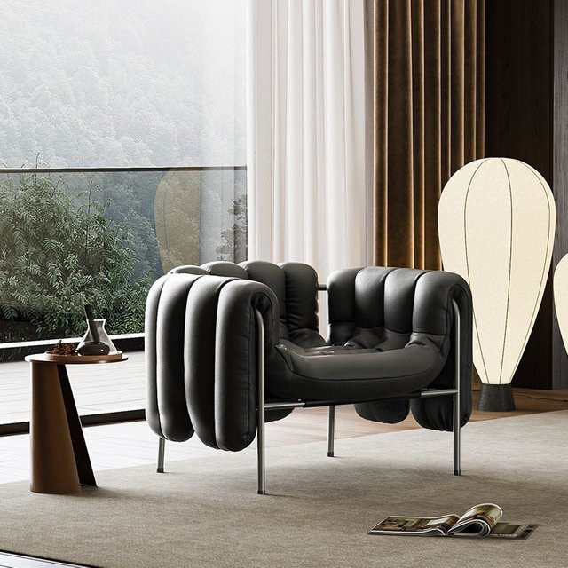 UOSU MOMO Lounge Sessel im Retro-Design mit Armlehnen aus Kunstleder, Schwarz - Bild 1