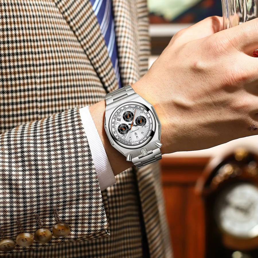 POEDAGAR Chronograph, Quarz, Edelstahl, Silber, Herren - Bild 5