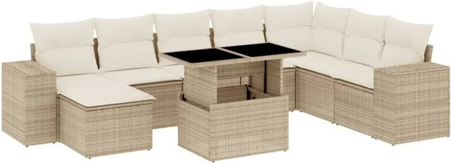 vidaXL 9-tlg. Garten-Sofagarnitur in L-Form aus Poly-Rattan und pulverbeschichtetem Stahl mit Kissen in Beige-Creme - Bild 1
