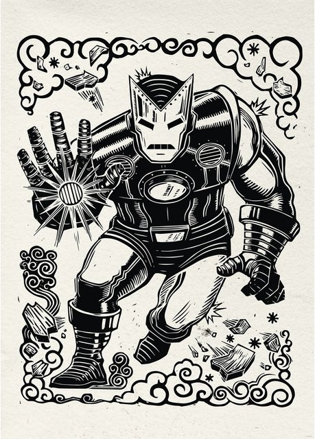 Komar Wandbild Marvel Iron Man Lino-Cut Paper Poster in Schwarz-Weiß, Breite: 50 cm, Höhe: 70 cm - Bild 1
