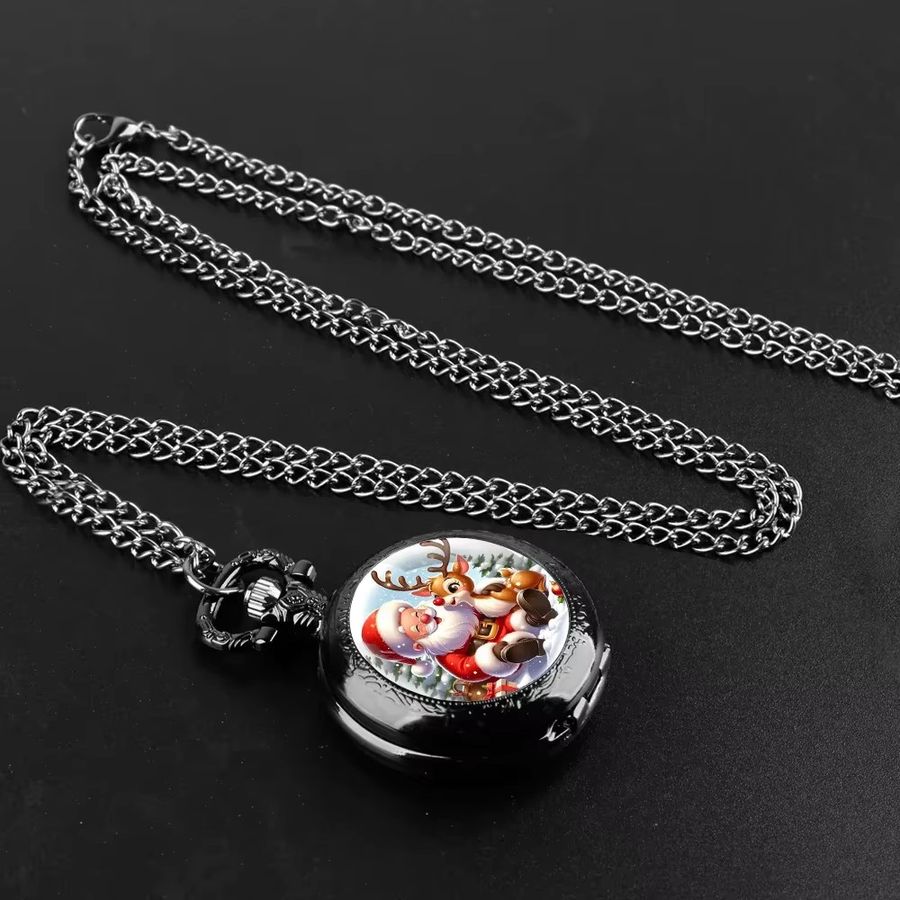 Weihnachtsmann Taschenuhr mit Elch-Glaskuppel und starker Kette, schwarzes Quarzwerk mit arabischem Zifferblatt - Bild 2