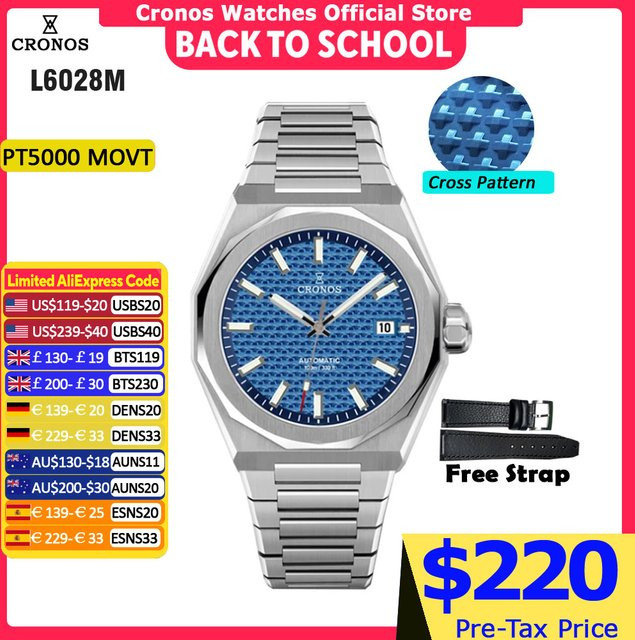 Cronos Armbanduhr Automatik, 39 mm, Leder, Weiß, Herren - Bild 1