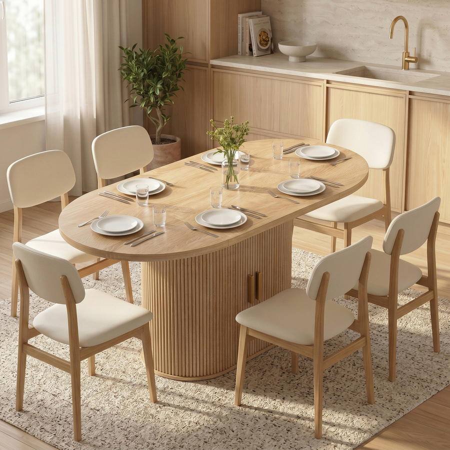 HOMCOM Ovaler Esstisch im Landhausstil mit Jalousie-Schiebetüren und 6 Fächern, Eiche, B/T/H: 140 x 70 x 75 cm - Bild 2