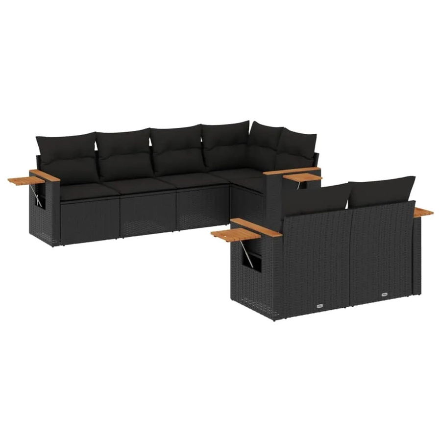 vidaXL 7-tlg. Garten-Sofagarnitur in L-Form aus Poly-Rattan und Akazienholz mit Kissen, Schwarz - Bild 2