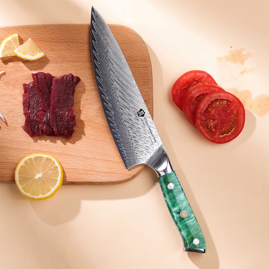 WILDMOK Japanisches Kochmesser aus Damaskus VG10-Stahl mit grünem Harzgriff, 20,32 cm - Bild 2