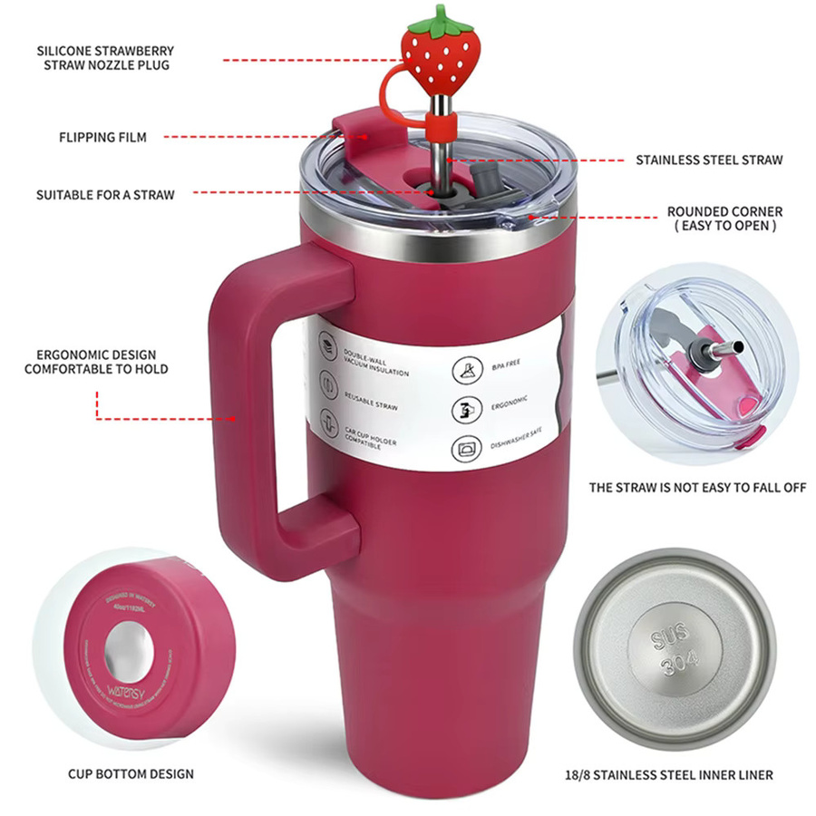 WATERSY Isolierter Edelstahl Becher mit Griff und Strohhalm in Pink, Vakuum-Reisebecher aus Edelstahl 304 für Sport und Auto - Bild 3