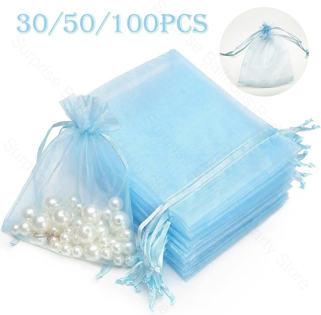 Transparente blaue Organzabeutel mit Kordelzug als kleine Netzbeutel für Schmuck und Geschenke - Bild 1