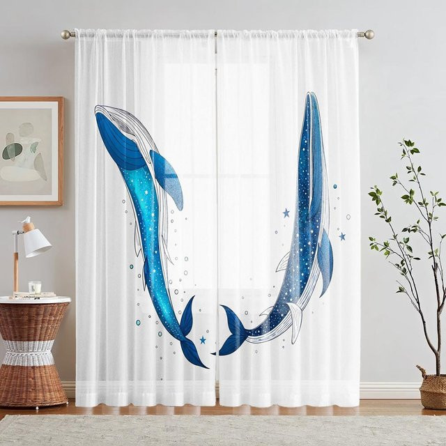 2er-Set Fensterdekoration mit blauem Wal-Print, halbtransparent, Weiß, B: 132 cm, H: 160 cm - Bild 1