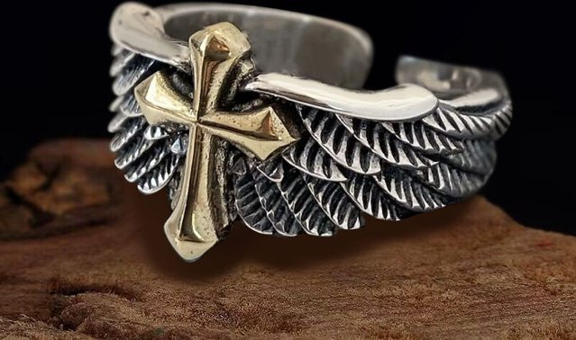 LENNIK Ring, Retro Kreuz Feder Graffiti, Silber, Unisex - Bild 1