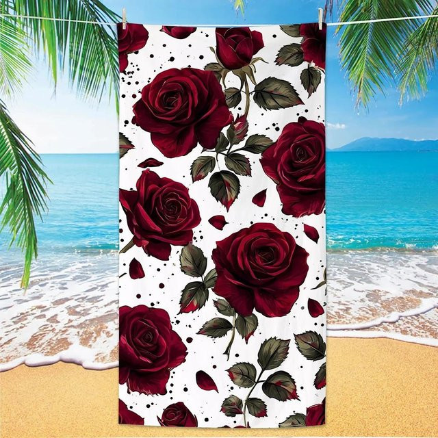 JMG Household Supplies Strandtuch Vintage Burgunderrose, florales Mikrofaser Handtuch, Multicolour, B: 50 cm, L: 100 cm - Bild 1