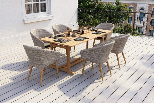 OUTFLEXX Kota Garten-Essgruppe aus Akazie, Polyrattan und Alu in Grau/Natur mit ausziehbarem Tisch und 6 Sesseln, FSC-zertifiziert, Tisch Breite: 180 bis 240 cm, Tiefe: 100 cm - Bild 1