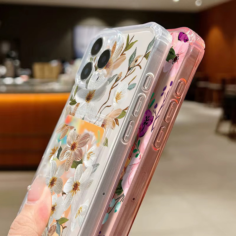 YISHANGOU Handyhülle mit buntem Blumenmuster und Kartenfach für iPhone 17 16 Pro Max 15 14 13 Pro Max, Transparent/Pink, Weiche TPU Schutzhülle - Bild 2