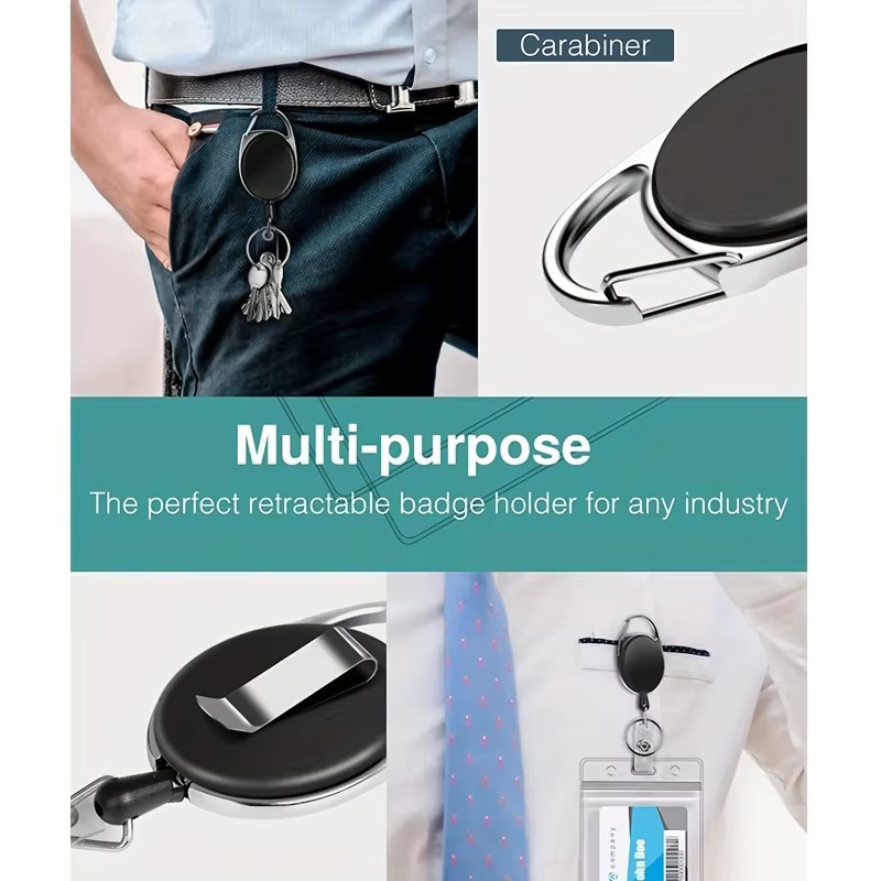 3er Set ausziehbare Ausweishalter in Schwarz mit 360 Grad Rotationsgürtel, Karabinerhaken-Clip, Schlüsselanhängerring und PVC-ID-Gurt - Bild 3