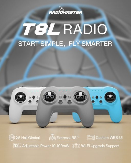 RadioMaster T8L 2,4GHz 10-Kanal ExpressLRS Funkfernsteuerung mit Hall-Gimbal in Grau - Bild 1