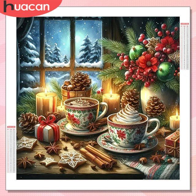 HUACAN Diamantmalerei Wanddeko Weihnachten Kaffeetasse mit runden Bohrern als Winter Mosaik Set - Bild 1