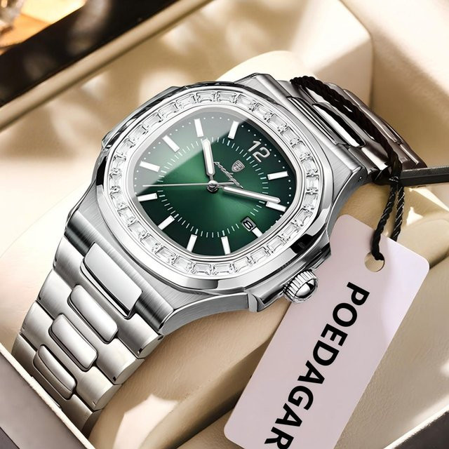 POEDAGAR Armbanduhr, Quarz, Edelstahl, Eckig, Silber Green, Herren - Bild 1