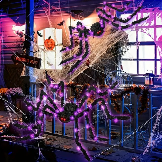 Peach Forest Halloween-Spinne mit 144 LED-Kupferdraht-Lichtern in Violett, wasserdicht und batteriebetrieben für Outdoor und Zuhause - Bild 1