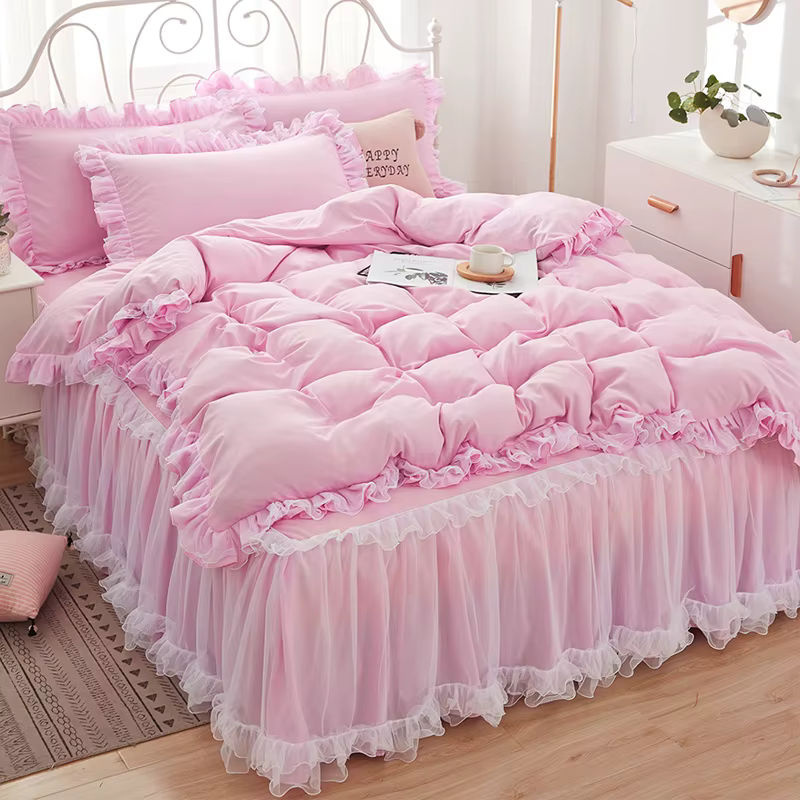 Beiwoer Bettwäsche Set für Kinder in Pink mit Spitze und Blattmuster, 4-teilig, B/H: 150 x 200 cm - Bild 2
