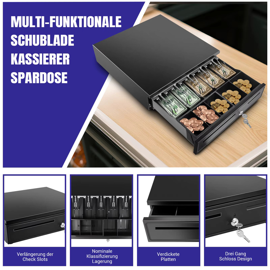 Kassenschublade aus Metall in Schwarz mit 5 Fächern für Scheine und 5 Fächern für Münzen, automatische und manuelle Öffnung mit Schlüsselschloss und RJ11-Anschluss - Bild 2