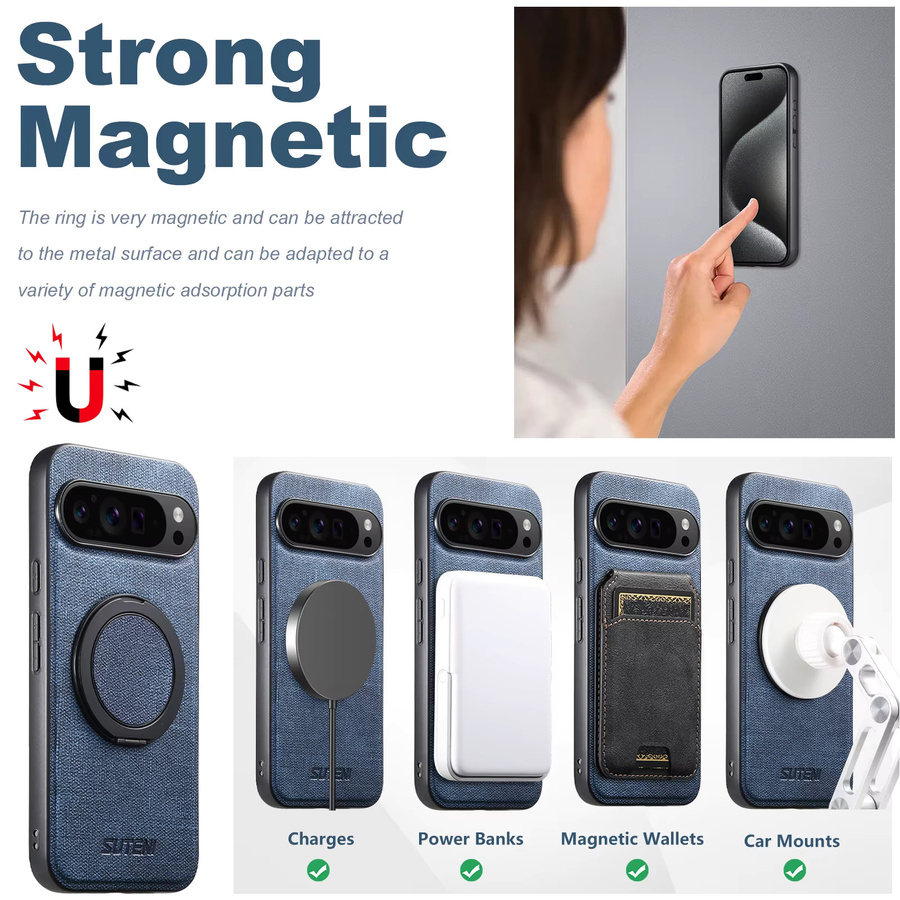 Suteni Kunstleder Handyhülle mit magnetischem kabellosem Laden, 360 Grad drehbarem Ständer und Ringschnalle in Blau für Google Pixel 10 ProXL, 9, 8A, 7 und 6 - Bild 5
